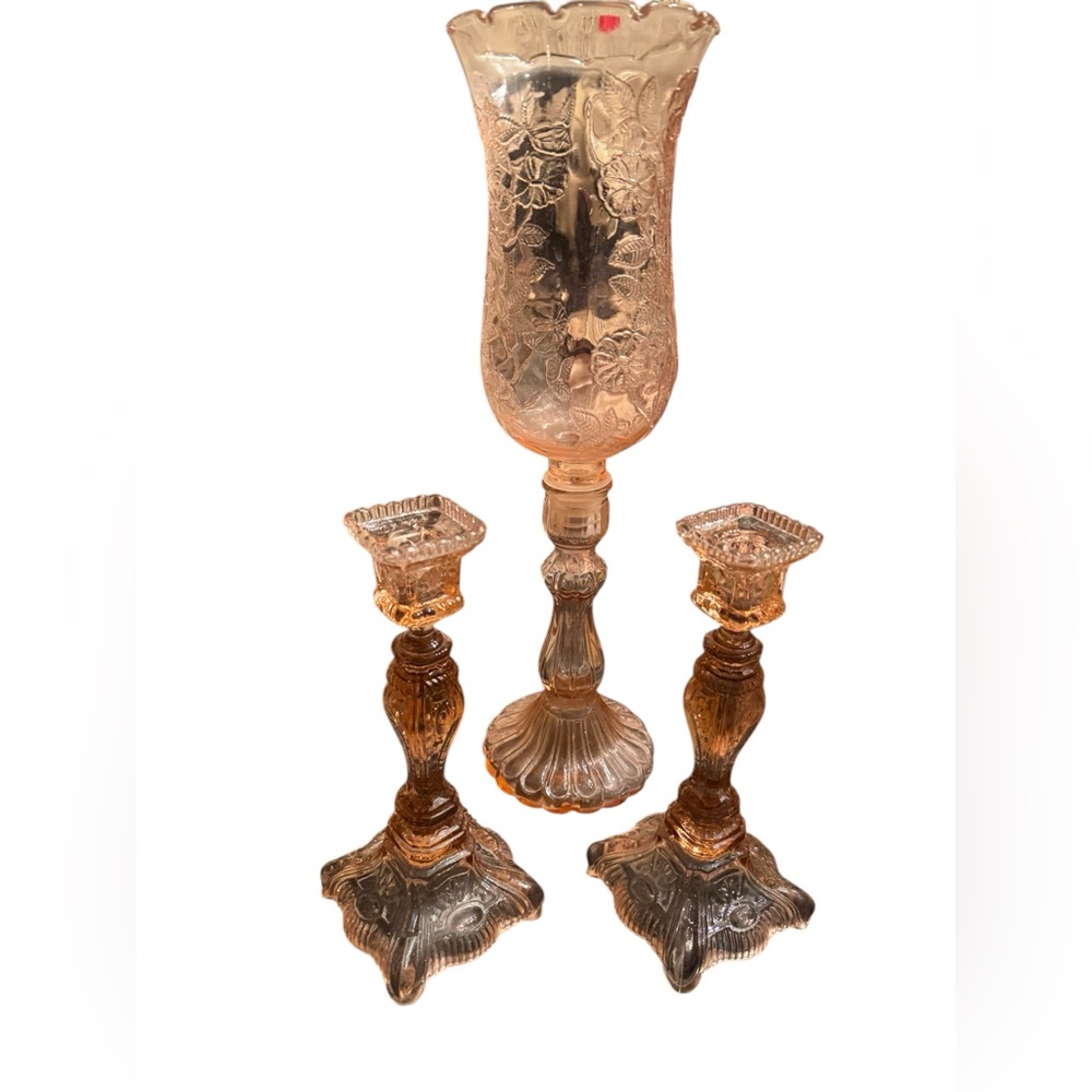 Elegant 1920s baby pink floral Depression Amber Glass Candle Holder Set 3pc